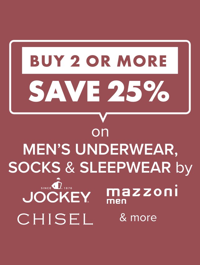 Buy 2 or more Save 25% on Men's Underwear, Socks & Sleepwear by Jockey, Bonds, Mazzoni, Chisel, Gym Equipment, Superfit Thermals & Mitchdowd